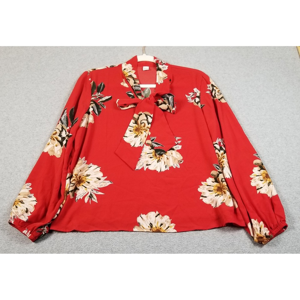 SHEIN Blouse Women M Medium Red Floral Tie Neck Long Sleeve Romantic Cottage Top - Picture 1 of 10